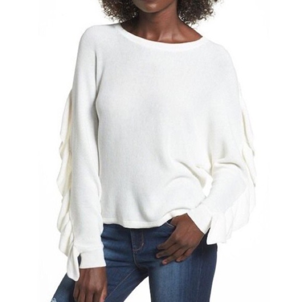 Leith Ruffle Sleeve Modal Cotton Long Sleeve Crewneck White Sweater Lightweight - Picture 1 of 11